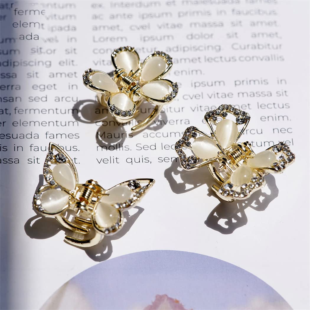 3 PCS 1.1 Inch Hair Clips for Thin Hair, Small Size Non-slip Matte Claw Clips Women, Double Row Teeth Jaw Clips with Crystal (Butterfly opal)