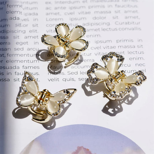 3 PCS 1.1 Inch Hair Clips for Thin Hair, Small Size Non-slip Matte Claw Clips Women, Double Row Teeth Jaw Clips with Crystal (Butterfly opal)