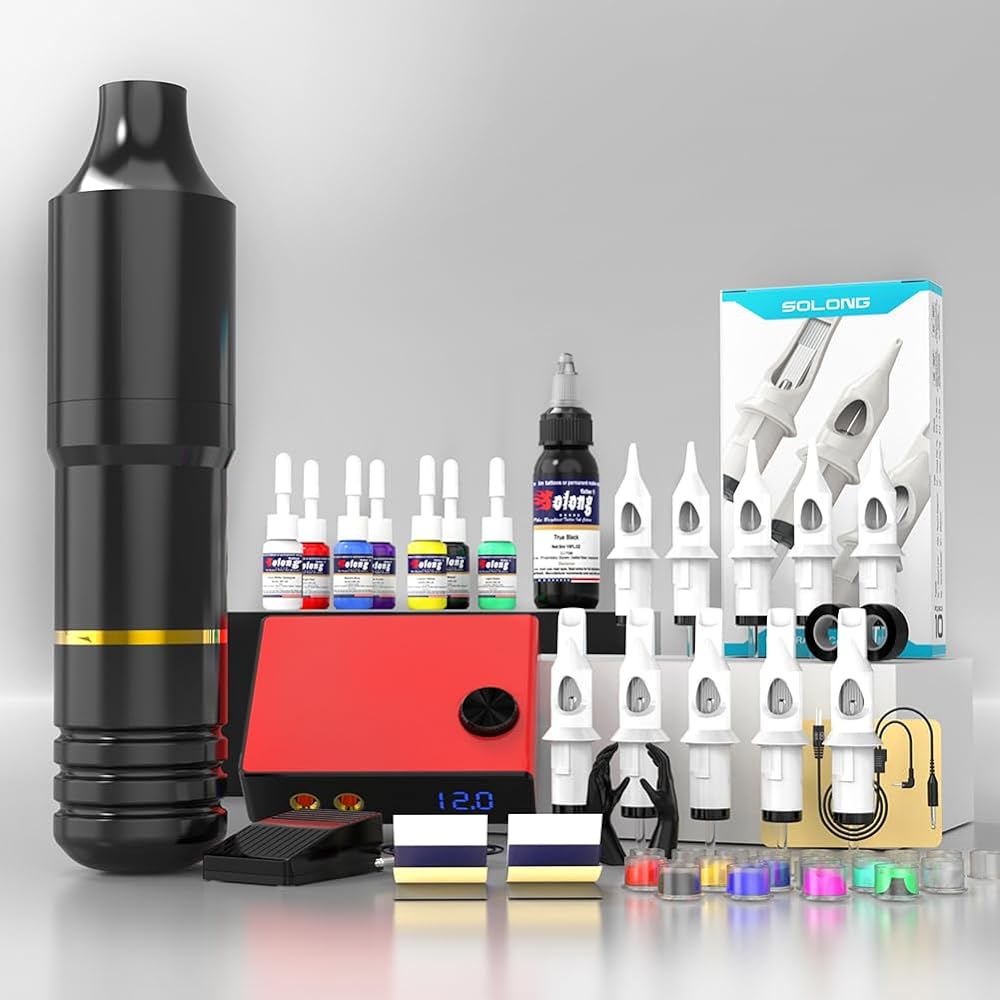 Tattoo Gun, Solong Complete Tattoo Kit Rotary Tattoo Machine for Beginners and Artists Professional Tattoo Gun KitÊwith Tattoo Catridges Needles and Tattoo Ink(60 Piece Set)