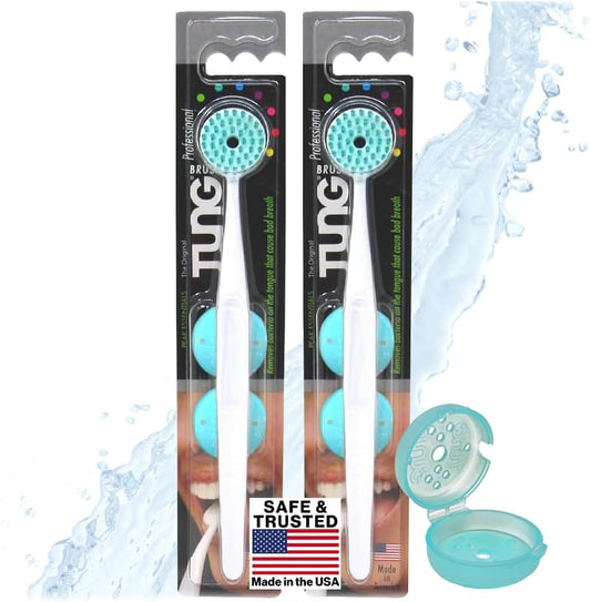 Tung Tongue Brush with Caps | Tongue Cleaner for Adults | Tongue Scraper | Tongue Scrubber | Bad Breath and Halitosis | Mouth Odor Eliminator | Made in America (2 Pack w/Cap)