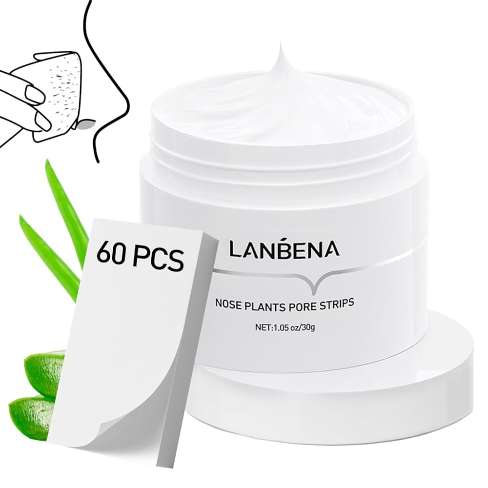 LANBENA Blackhead Remover Mask, Nose Plants Pore Strips, Pore Cleanser Purifying Peel off Face Mask with 60 PCS Strips, Plants Aloe Blackhead Remover Facial Mask, (1.05 Ounce)