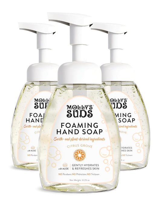 Molly's Suds Foaming Hand Soap - Made with Aloe and Coconut Oil | Moisturizing Hand Wash | Plant-Based, Infused with Essential Oils | Citrus Grove - 8.25 Oz (Pack of 3)