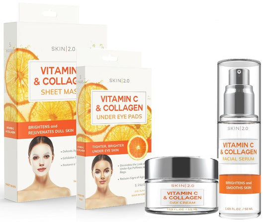 Skin 2.0 Vitamin C and Collagen Beauty Value Set - Serum, Moisturizer, Under Eye Pads & Face Sheet Masks