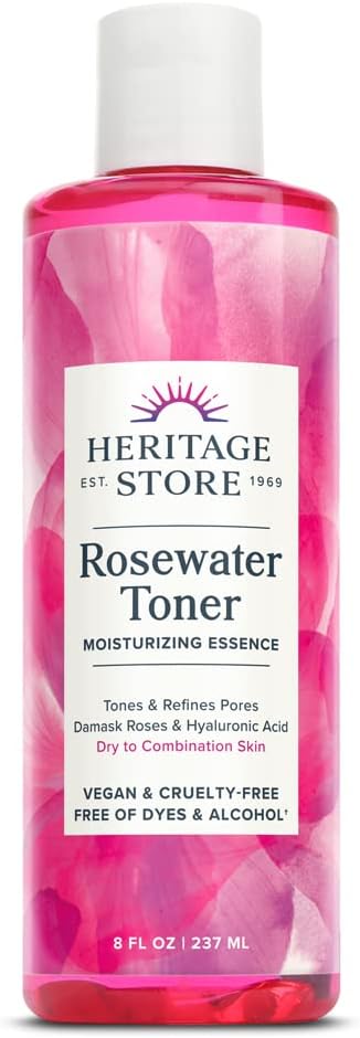Heritage Store Rosewater Facial Toner with Hyaluronic Acid, Dry to Combination Skin Care, Hydrating Toner Refines Pores & Minimizes The Appearance of Fine Lines & Wrinkles, Alcohol Free_, Vegan, 8oz