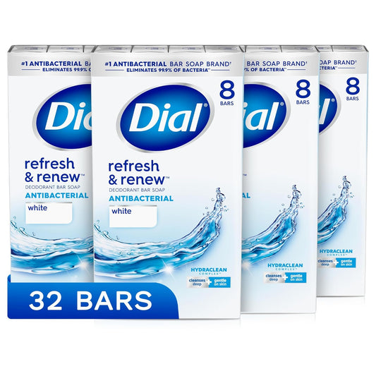 Dial Antibacterial Bar Soap, Refresh & Renew, White, 4 oz, 32 Bars