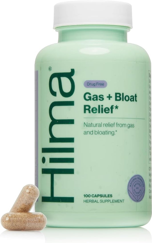 Hilma Natural Gas & Bloating Relief - with Lemon Balm, Fennel & Peppermint Leaf - Doctor Formulated with Organic Ingredients - 100 Vegan Capsules