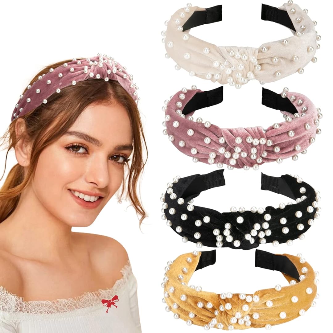 Allucho Pearl Headbands for Women, Beaded Headband Non Slip Wide Top Knot Head Bands, Black White Pink Gold Headband with Pearls Hair Accessories for Women and Girls Daily Festival Gifts