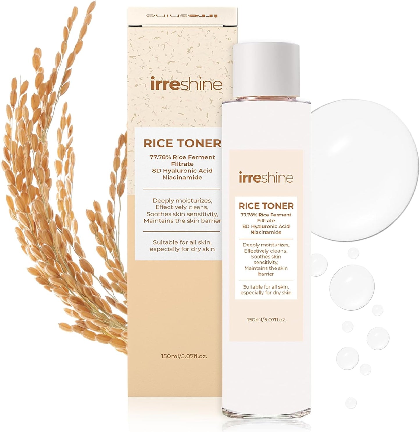 Irreshine Rice Toner: Rice Water Toner - Rice Milk Toner Nourish and Hydrate Dry Skin - Milky Toner - 77.78% Rice Extract - 8D Hyaluronic Acid, 5.07 Fl Oz