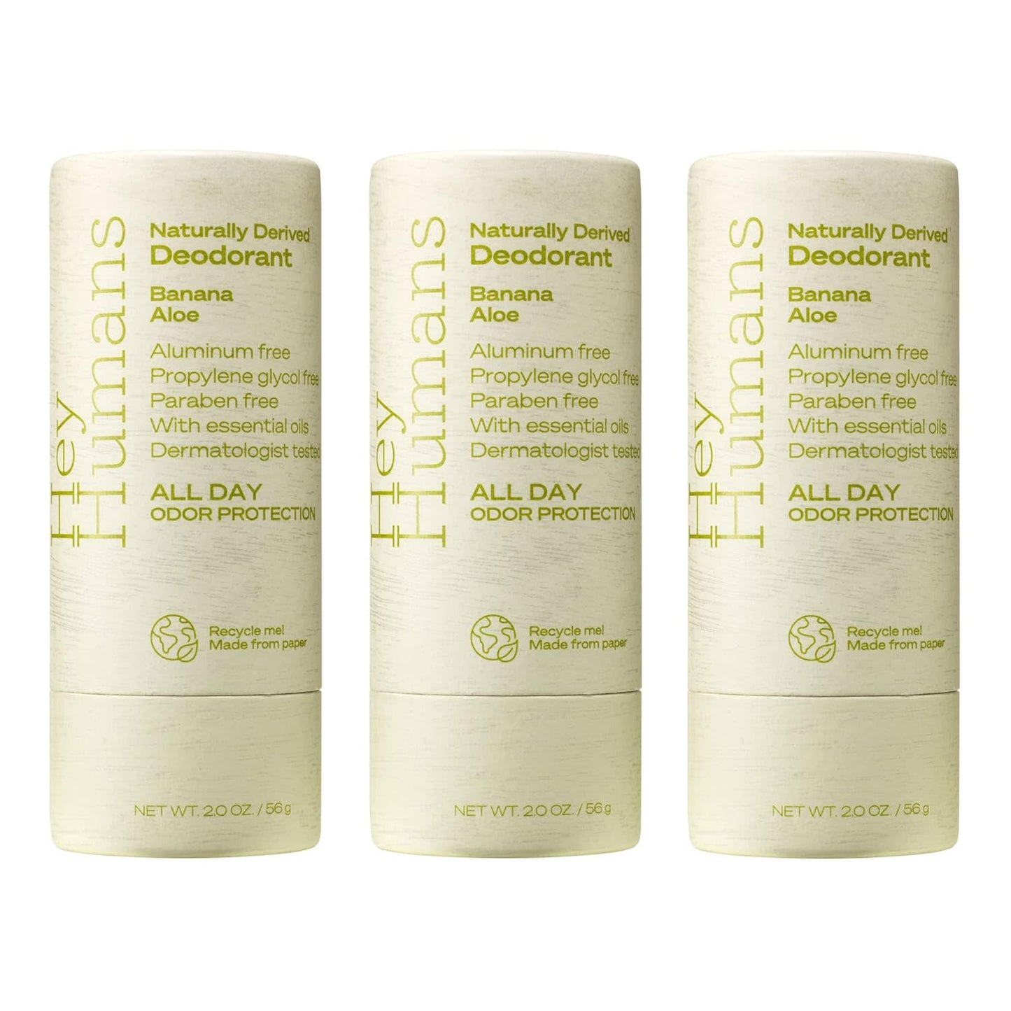 Hey Humans Banana Aloe Vegan, Aluminum Free Deodorant with Natural Ingredients, Coconut Oil & Shea Butter | All Day Odor Protection for Women & Men | Earth-Friendly Packaging, 2 OZ (Pack of 3)