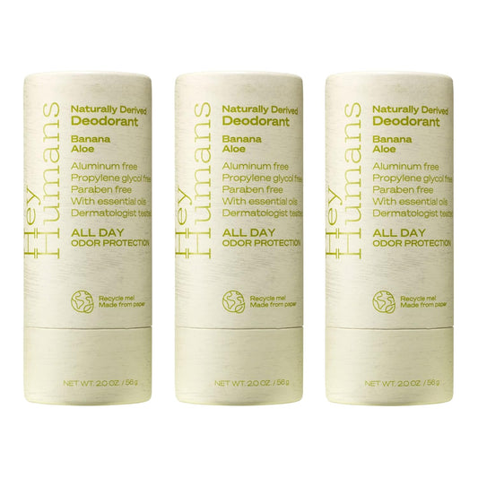 Hey Humans Banana Aloe Vegan, Aluminum Free Deodorant with Natural Ingredients, Coconut Oil & Shea Butter | All Day Odor Protection for Women & Men | Earth-Friendly Packaging, 2 OZ (Pack of 3)