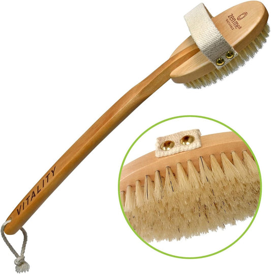 Zen Me Premium Boar Brush, Exfoliating Brush with Medium Firm Natural Bristles for Cellulite and Lymphatic, Body Scrub Brush with Detox eBook Gift
