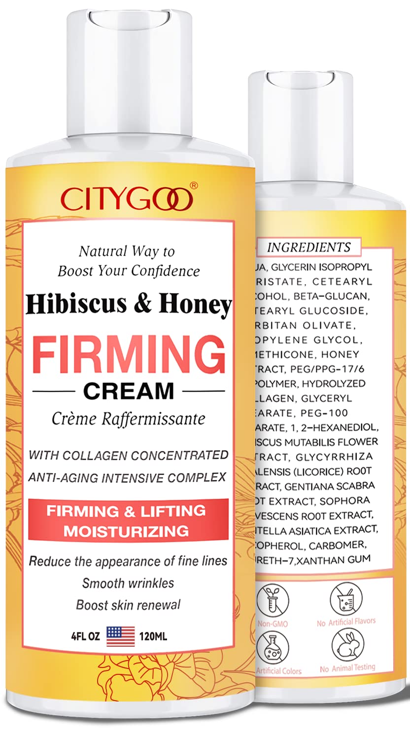 Hibiscus and Honey Firming Cream, Skin Tightening Lotion, Reduces the Look of Neck Lines, Tightens & Smooths - With Collagen & Hyaluronic Acid -4 FL OZ/120 ML
