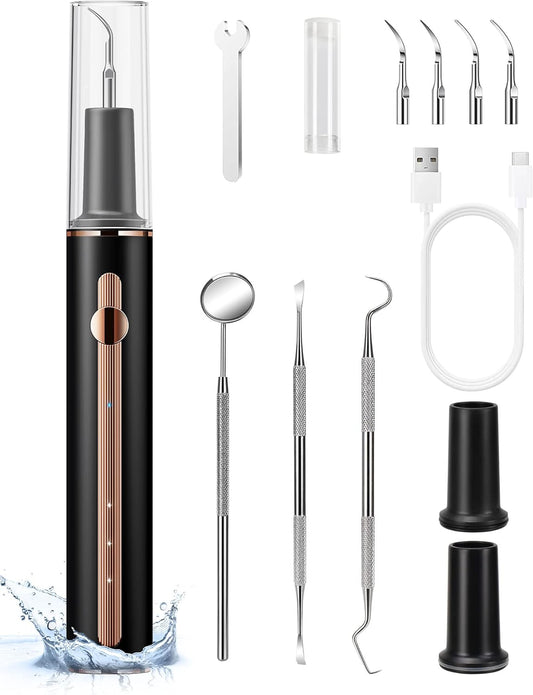 TANAVE Plaque Remover for Teeth, Teeth Cleaning Kit with Ultrasonic Tooth Cleaner and Dental Tools, Dental Picks for Teeth Cleaning and Rechargeable Plaque Blaster with LED, Tartar Remover, 4 Heads