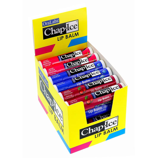 Chap-Ice¨ | Premium and Traditional Lip Balm for Chapped, Dry, or Windburned Lips | 3 Flavor Assorted Display - Cherry SPF-4, Moisture SPF-15, Watermelon - 24 Sticks (0.15oz/4.25g)