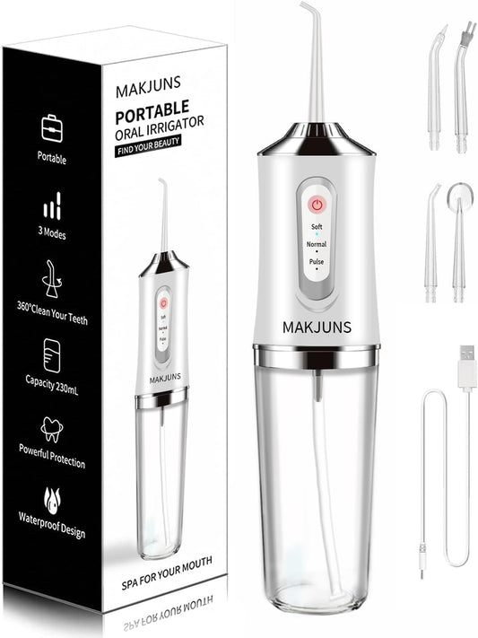 Water-Flosser-Cordless-Teeth-Cleaner MAKJUNS Water Dental Flosser with 3 Modes 4 Jets Rechargeable IPX7 Waterproof Dental Oral Irrigator for Travel Home Braces(Luxury White)