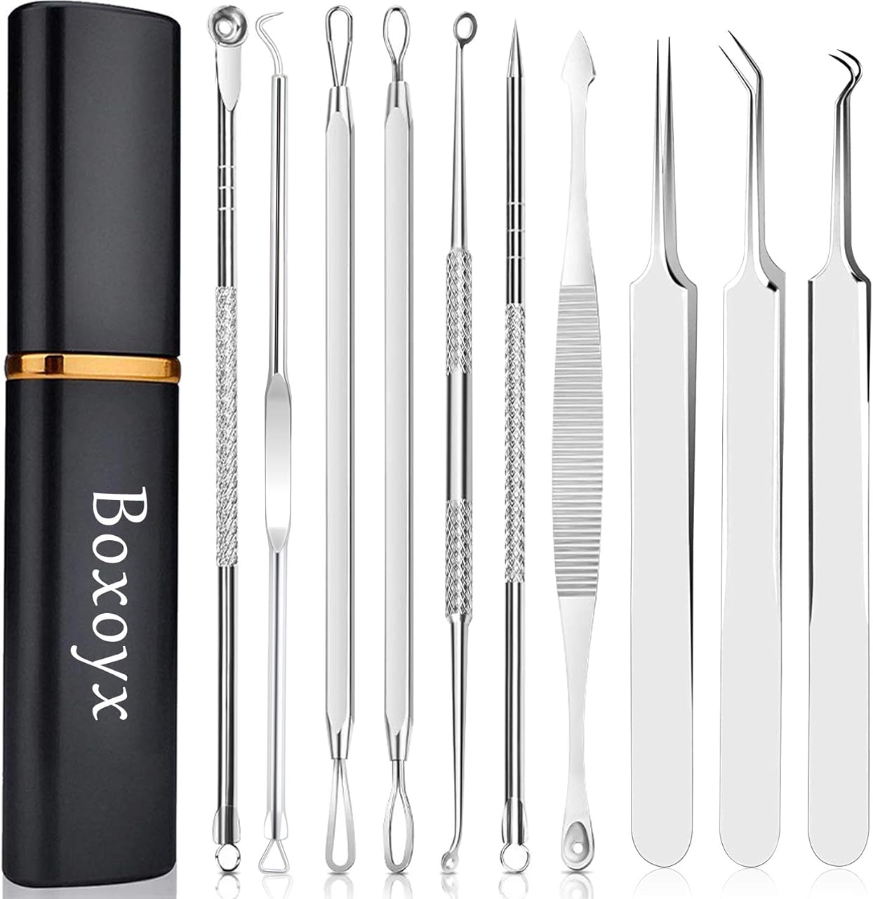 Blackhead Remover Tool, Boxoyx 10 Pcs Professional Pimple Comedone Extractor Popper Tool Acne Removal Kit - Treatment for Pimples, Blackheads, Zit Removing, Forehead,Facial and Nose(Silver)
