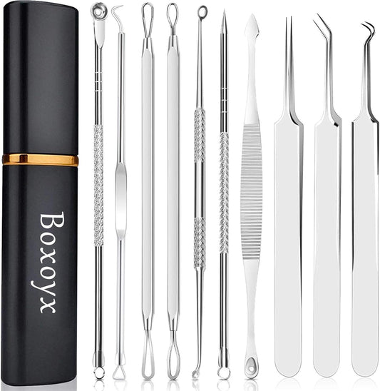 Blackhead Remover Tool, Boxoyx 10 Pcs Professional Pimple Comedone Extractor Popper Tool Acne Removal Kit - Treatment for Pimples, Blackheads, Zit Removing, Forehead,Facial and Nose(Silver)