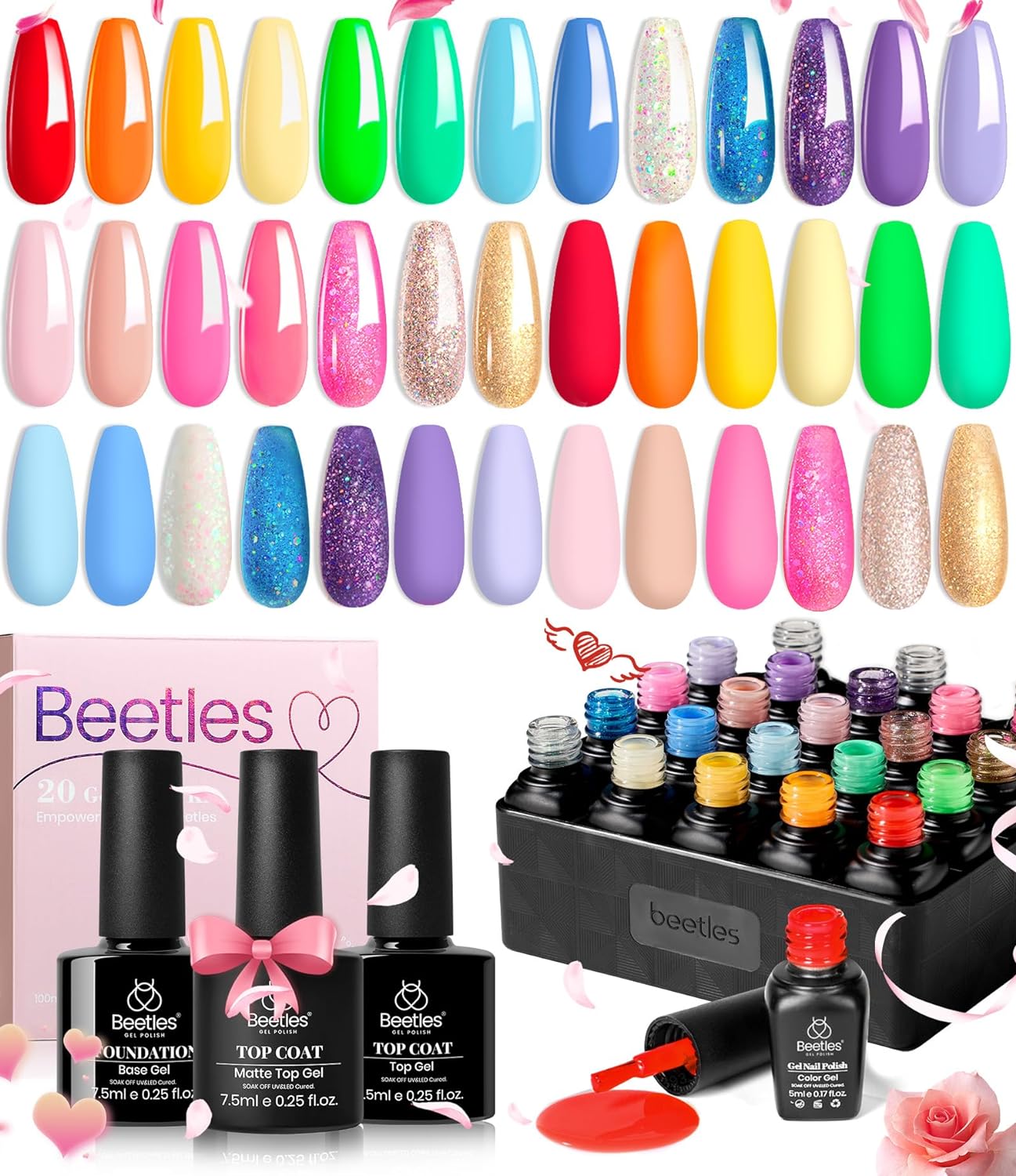 beetles Gel Polish Nail Set 23 Pcs 20 Colors Rainbow Collection Green Pink Blue Glitter Nude Manicure Kit for Girls with 3Pcs Base Matte and Glossy Top Coat Uv Lamp Needed Valentines Gift Set