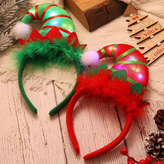 DRESBE LED Christmas Elves Headbands Light Up Elf Hair Hoop Cute Xmas Elf Hat Festival Headwear for Women and Girls(2pcs)