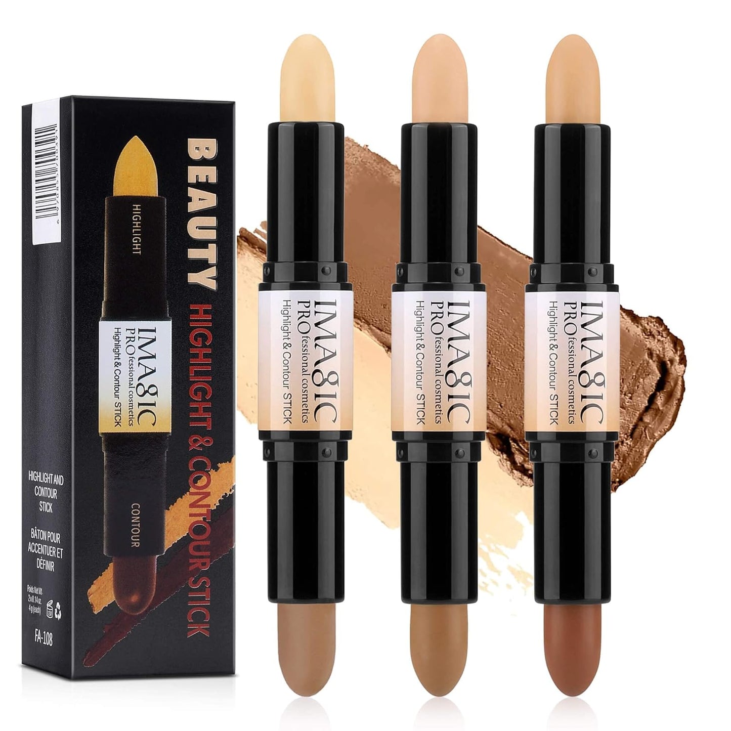 CCbeauty Contour Stick, 3pcs Dual-ended Wonder Stick Cream Highlight & Contour Kit, Bronzer and Highlighter Set for Face Contouring Shaping Makeup, Long Lasting & Waterproof - All Skin