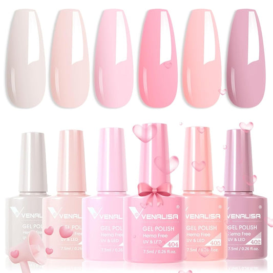 VENALISA Hema-Free Pink Gel Nail Polish Set- 6 Colors Popular Nude Pink Gel Polish Kit, Soak Off LED Nail Lamp Light Pink Gel Manicure Kit DIY at Home Salon Gifts for Women Girls