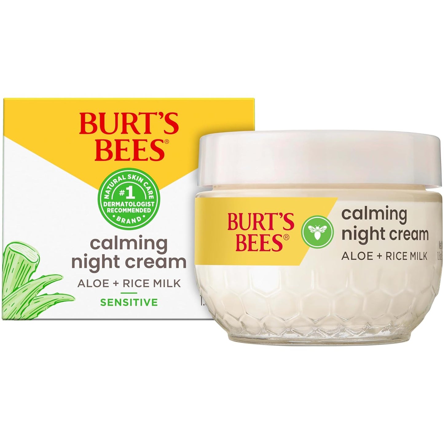 BurtÕs Bees Gentle Night Cream Moisturizer for Face & Sensitive Skin - Made with Aloe Vera & Rice Milk to Soothe Skin, Dermatologist Tested (1.8 oz)