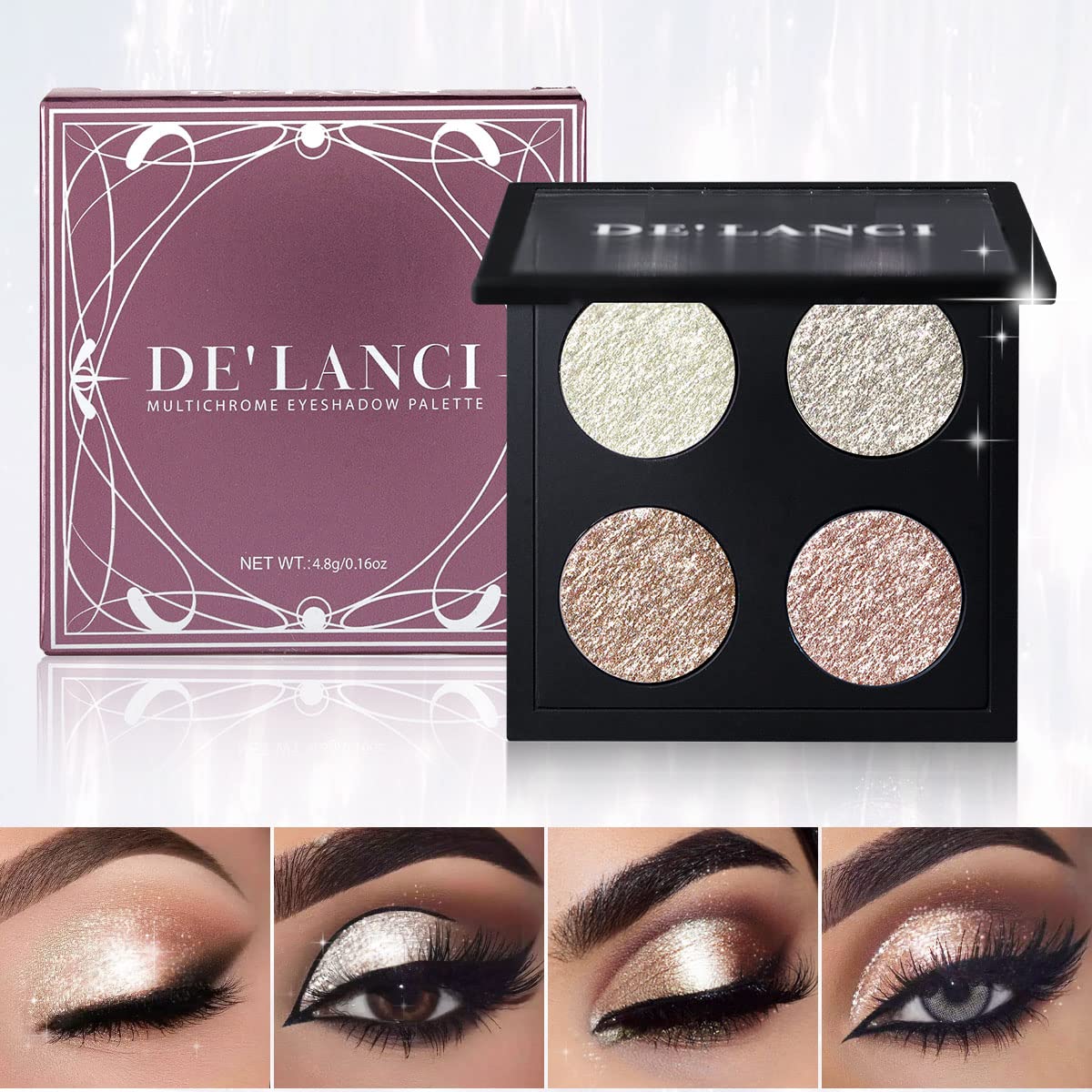 OYGCee Glitter Shimmer Metallic Eyeshadow Palette 4 Color,Diamond Pearl Shiny Bling Korean Makeup for Eye/Face/Highlighter, High Pigmented Smooth White Shimmery Powder, Glow Illuminator