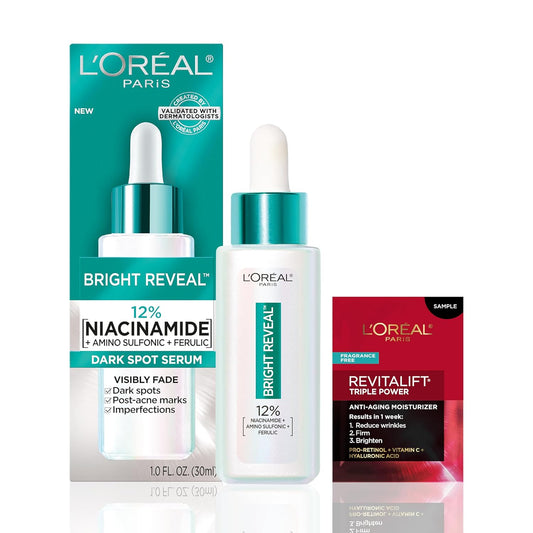 LÕOrŽal Paris Bright Reveal 12% [Niacinamide + Amino Sulfonic + Ferulic] Dark Spot Serum 1oz + Moisturizer Sample