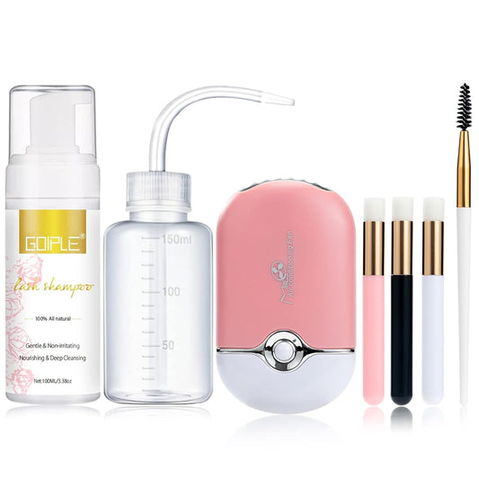 100ml Eyelash Extension Cleanser Lash Mousse Lash Shampoo for Extensions, USB Mini Portable Fan Rechargeable Electric Handheld Air Conditioning Lash Shampoo Brush Plastic Wash Bottle (lash fan-pink)