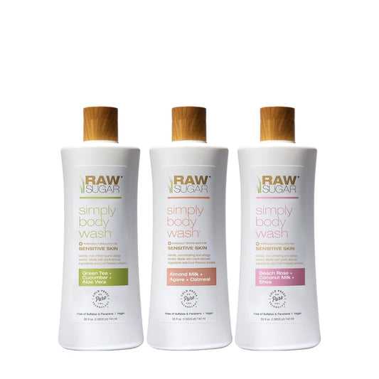 RAW SUGAR Simply Body Wash for Sensitive Skin - Moisturizing, Nutrient-Rich Gentle Bath & Shower Gel, Formulated without Sulfates and Parabens & Vegan (Pack of 3)