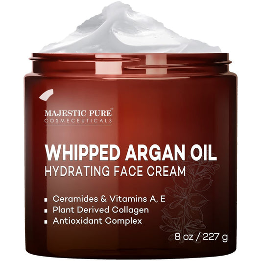 MAJESTIC PURE Whipped Argan Oil Moisturizer Face Cream for Women & Men - With Vitamin E A, Collagen & Ceramides - Hydrates Dry Skin, Oily Skin, Reduces Appearance of Fine Lines Ð 8oz