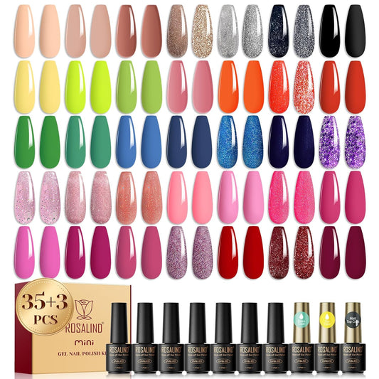 ROSALIND 38PCS Gel Nail Polish Set All Seasons Red Pink Nude Blue Green Gel Polish Set No Wipe Soak Off Base and Glossy & Matte Gel Top Coat Nail Gel Set Suitable For Manicure Gift Choice