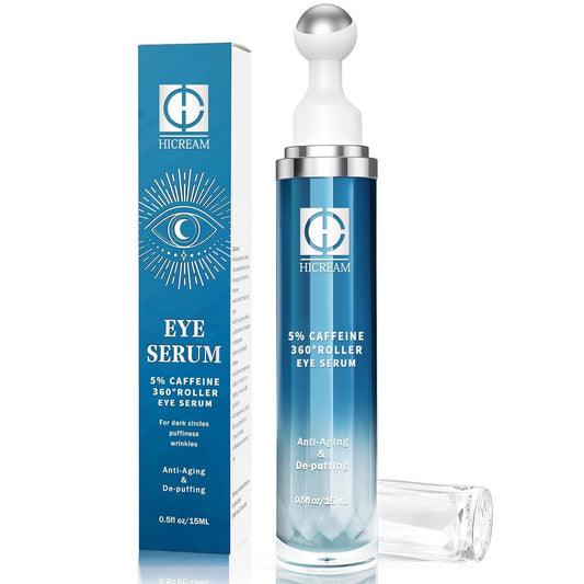 Hicream 5% Caffeine Eye Serum and Under Eye Roller Cream for Dark Circles and Puffiness, Caffeine Eye Cream with 360¡ Massage Ball Reduce Wrinkles and Fine Lines, Bags under eyes