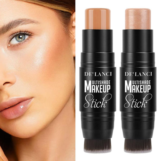 Highlighter Contour Stick Set,DEÕLANCI 2 PCS Cream Contour Highlighter Sticks with Brush, New Updated Moisturize Highlighter and Bronzer Stick Makeup Kit, Face Contour Concealer Makeup For Mature Skin