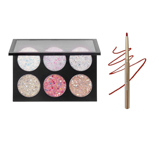 CAR MELA Glitter Eyeshadow Palette and Red Eyeliner Set, Non-sticky Chunky Glitter Pallet and Intense Red Eyeliner