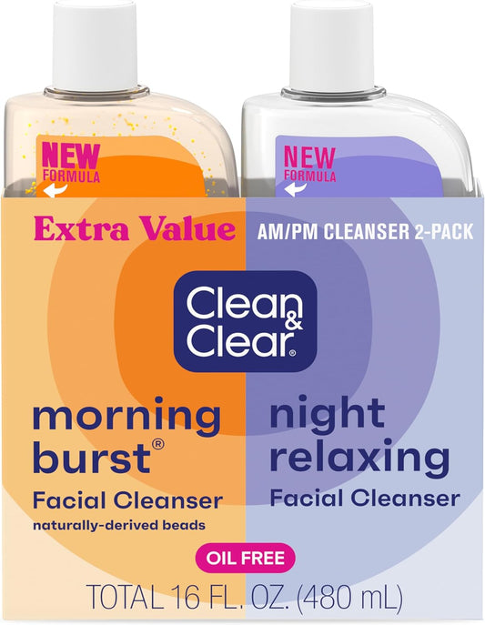 Clean & Clear 2 Piece Set - Day and Night Face Cleanser Citrus Morning Burst Facial Cleanser with Vitamin C and Cucumber, Relaxing Night Facial Cleanser with Sea Minerals, Oil Free