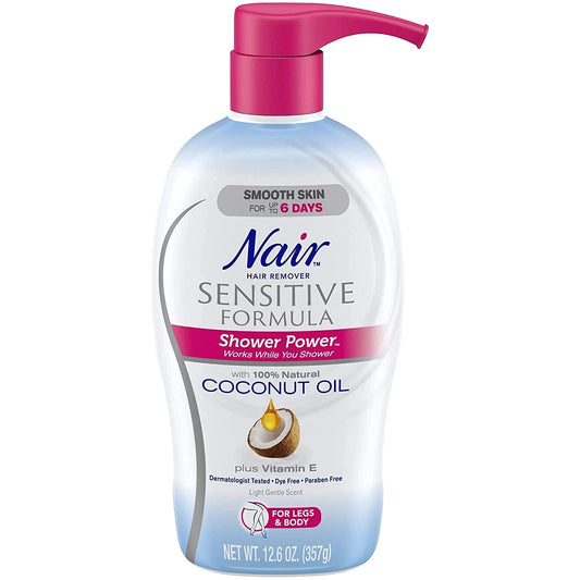 Nair Sensitive Formula Shower Cream Hair Remover with Coconut Oil and Vitamin E, 12.6oz