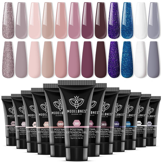 modelones Poly Nail Extension Gel Set - 12 Colors White Nude Gray Glitters Poly Nail Gel Kit Builder Nails Gel for Women Starters