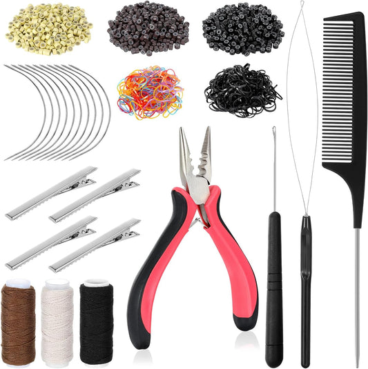 Hair Extension Tools Kit, 600 Silicone Lined Micro Rings, 1 Plier, 2 Hook Needle Pulling Loop, 10 Curved Hair Needle, 4 Metal Hair Clips, 1 Comb, 3 sewing threads, 200 Mini Rubber Bands