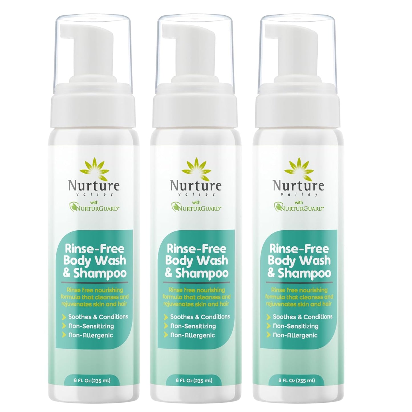 Nurture Rinse Free Body Wash & Shampoo w/Aloe | Hospital Grade Hair & Body Waterless Cleansing Foam | Women, Camping, Elderly & Hospital Patients | Shower Bath & Hand Soap for Sensitive Skin