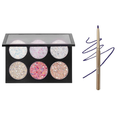 CAR MELA Chunky Glitter Eyeshadow Palette and Blue Eyeliner Set, Sparkle Shimmer Glitter Pallet and Intense Creamy Blue Eyeliner