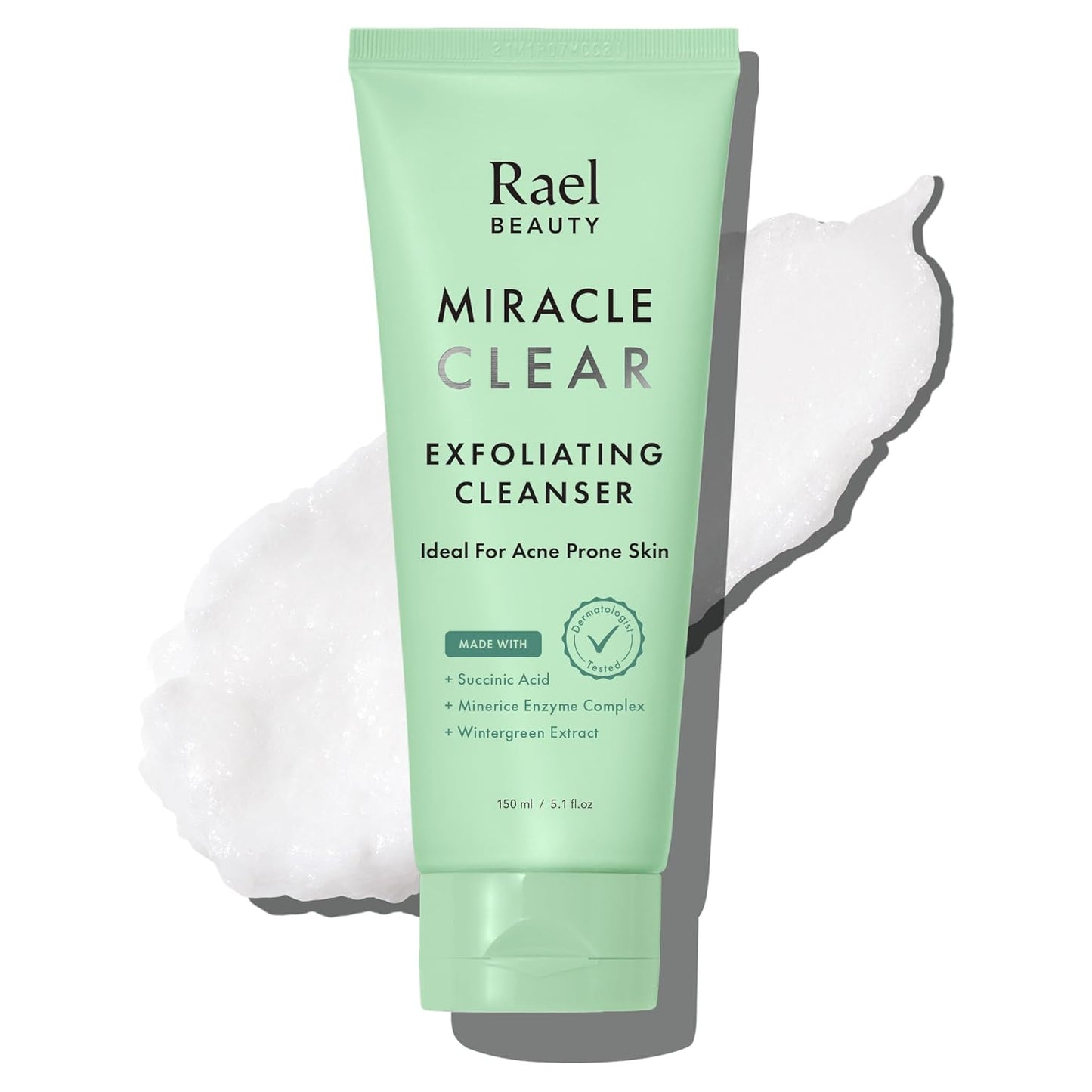 Rael Face Wash, Miracle Clear Exfoliating Cleanser - Face Cleanser for Oily and Acne Prone Skin, Gentle Facial Cleanser, Hydrating, w/Succinic Acid & Minerice, Vegan, Cruelty Free (5.1 fl. oz)
