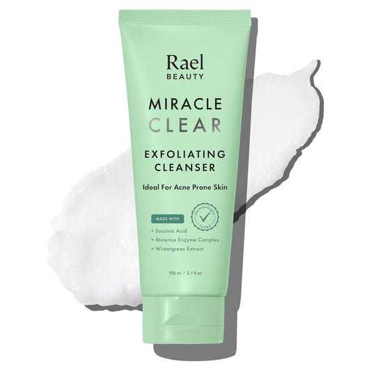 Rael Face Wash, Miracle Clear Exfoliating Cleanser - Face Cleanser for Oily and Acne Prone Skin, Gentle Facial Cleanser, Hydrating, w/Succinic Acid & Minerice, Vegan, Cruelty Free (5.1 fl. oz)