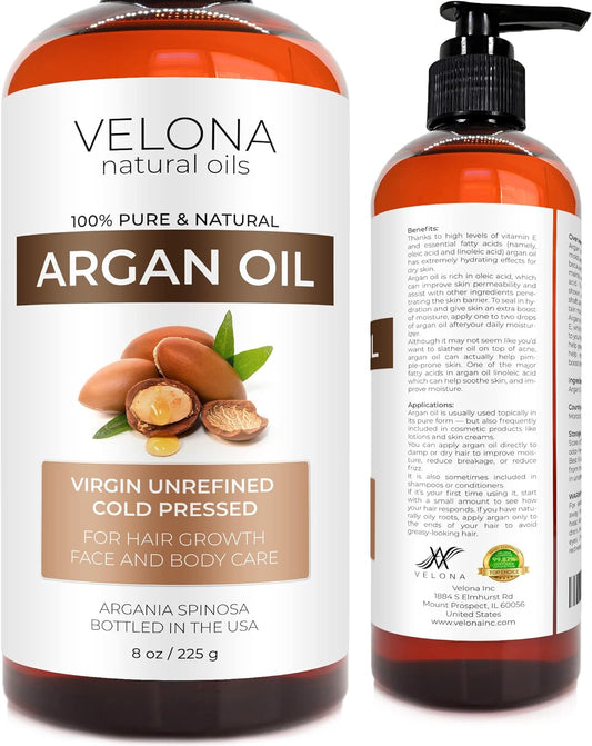 velona Argan Oil - 8 oz | Morocco Oil | Stimulate Hair Growth, Skin, Body and Face Care | Nails Protector | Unrefined, Cold Pressed | Cap Kit