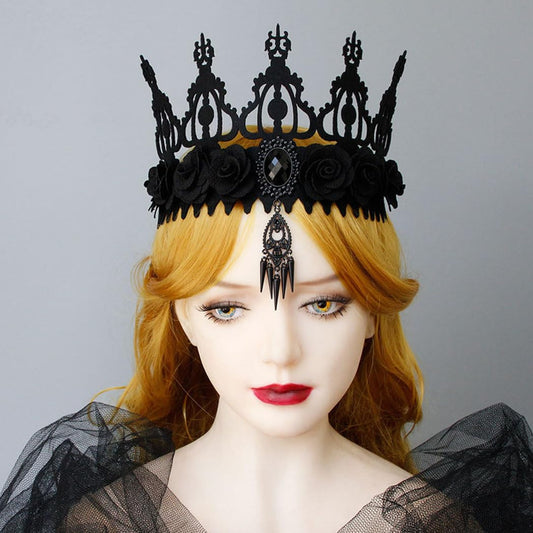 Uranian Halloween Gothic Headpiece Floral Crown Headband Black Flower Rhinestone Headwear Vintage Crown Hairband Cosplay Masquerade Costume Gothic Hair Accessories for Women and Girls