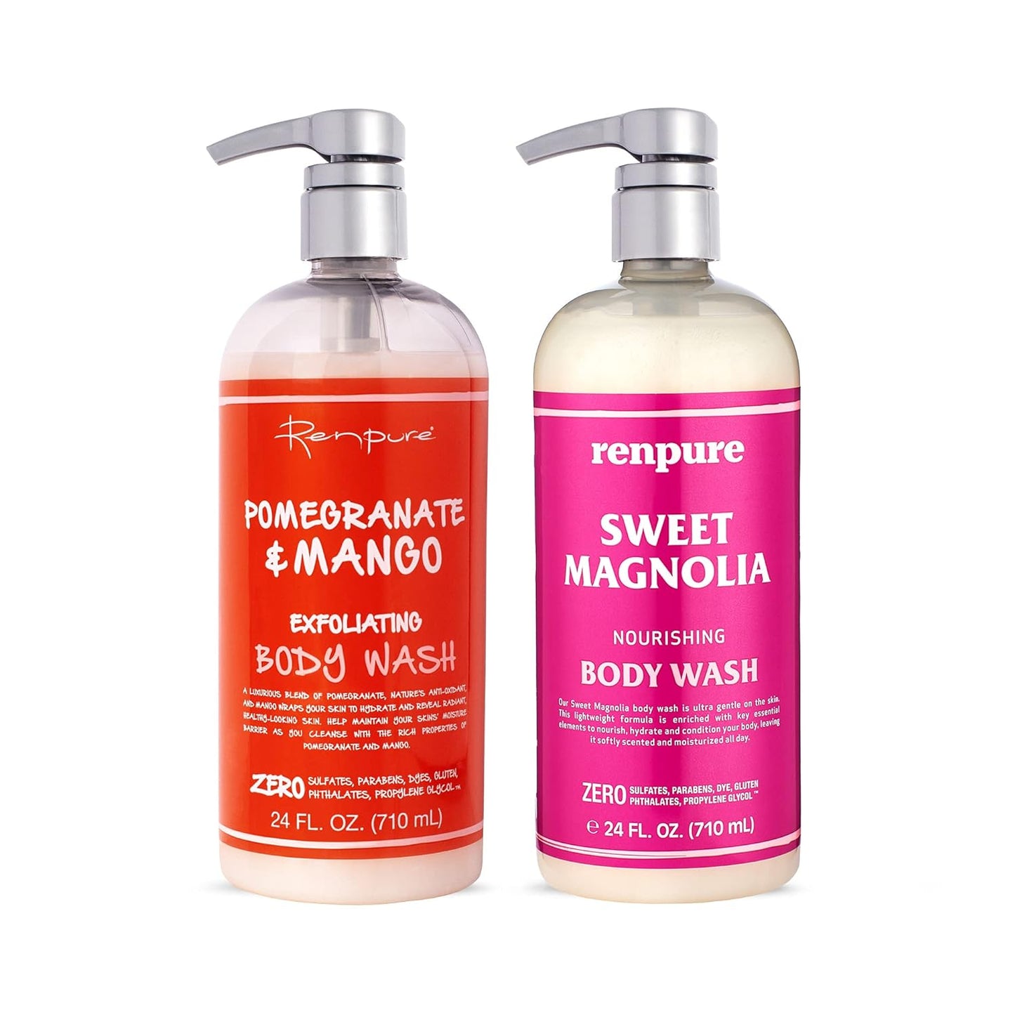 Renpure Pomegranate Mango & Sweet Magnolia Moisturizing Body Wash for Dry Skin 2Pk ‰ÛÒ Gentle Exfoliating & Hydrating Natural Antioxidant Shower Gel & Sensitive Skin Body Wash with Pump for Women