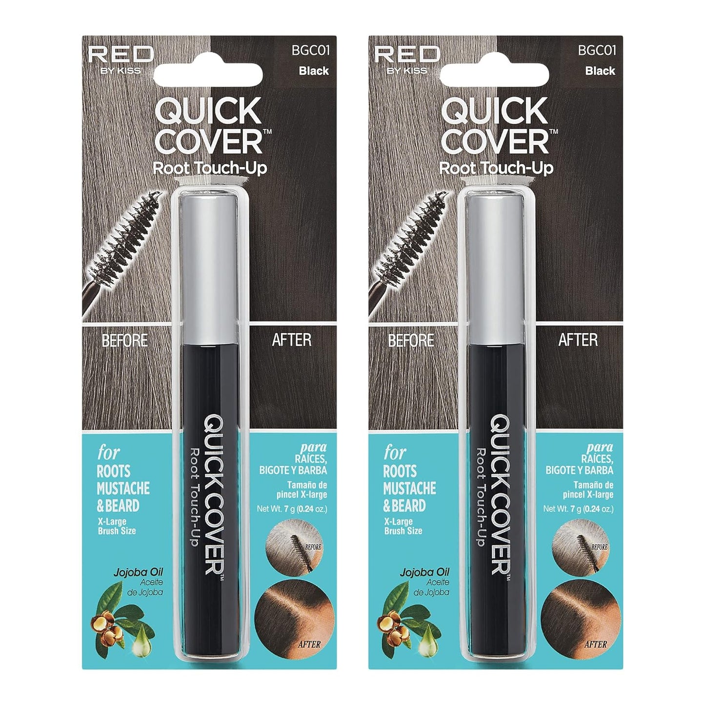 RED by Kiss Quick Cover Root Touch Up Rescue, Mascara Natural Water-Resistant Temporary Gray Concealer Cover Up Brush for Hair Mustache & Beard (Black) (2Pcs)