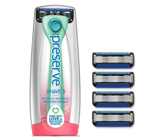 Preserve Shave 5 Five Blade Refillable Razor, Made from Recycled Materials, Neptune Green and Preserve Five Blade Replacement Cartridges for Preserve Shave Five Recycled Razor (4 Count) Bundle