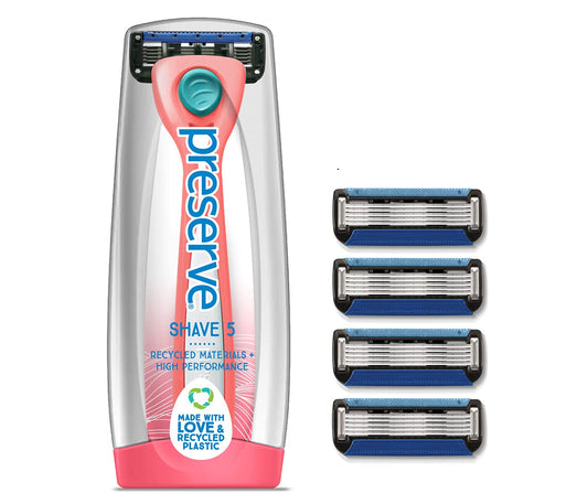Preserve Shave 5 Five Blade Refillable Razor, Made from Recycled Materials, Coral Pink and Preserve Five Blade Replacement Cartridges for Preserve Shave Five Recycled Razor (4 Count) Bundle