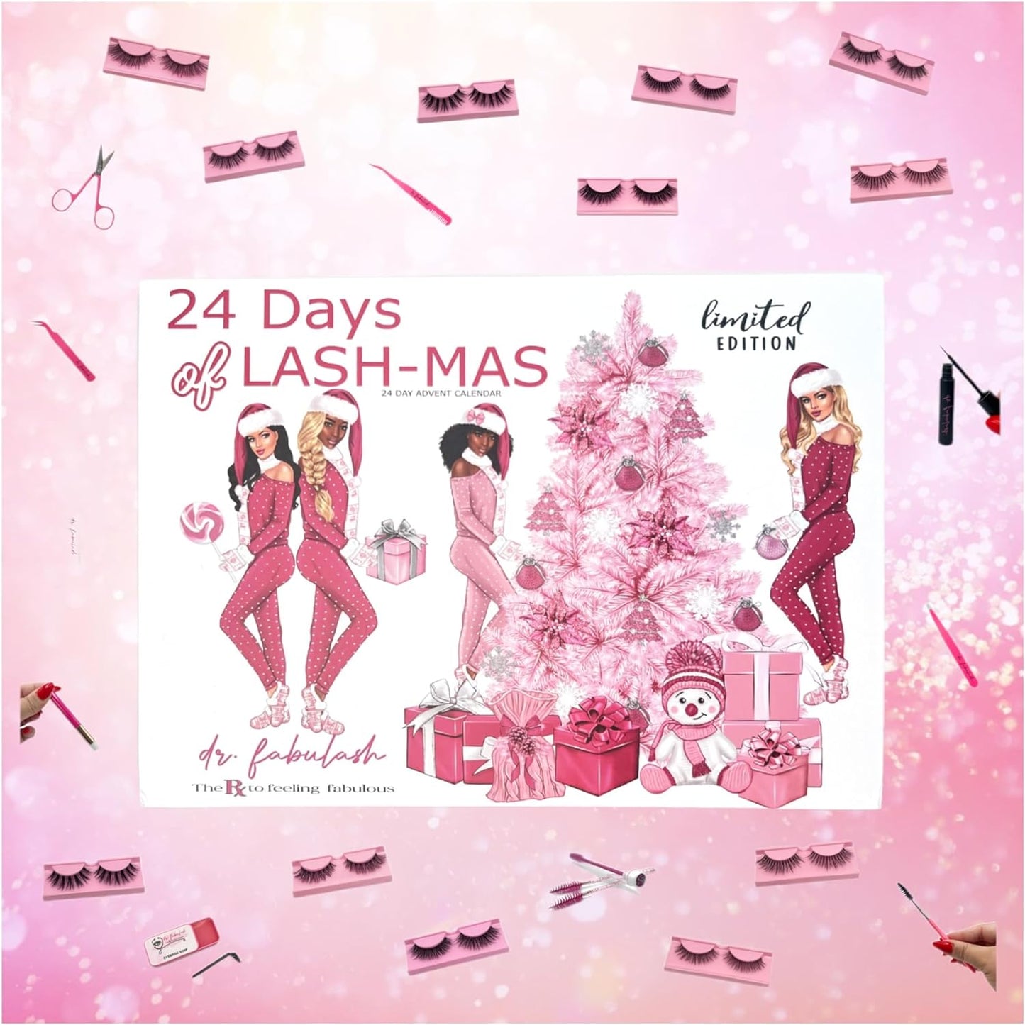 24-Day Lash-Mas Lets Go Party Glam Advent Calendar kit includes spoolies, tweezers, white glue, black glue, eyebrow brush, scissors, eyebrow soap, curved point tip tweezers & tweezers with combs